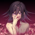  1boy bare_arms bare_chest bare_shoulders black_hair blood bloody_hands collarbone commentary_request covering_mouth danganronpa dark_background hair_between_eyes highres in_water looking_at_viewer nanin new_danganronpa_v3 ouma_kokichi pink_blood pink_water purple_eyes purple_hair short_hair simple_background solo water 