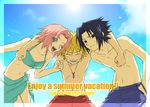  2boys ;d alternate_costume beach bikini black_eyes black_hair blonde_hair blue_sky casual character_name cloud cloudy_sky day english firstsky forehead_protector green_eyes hands_in_pockets haruno_sakura jewelry looking_at_viewer male_swimwear multiple_boys naruto naruto_(series) naruto_shippuuden necklace ninja one_eye_closed open_mouth outdoors pink_hair sarong shirtless short_hair sky smile spiked_hair summer swim_trunks swimsuit swimwear team7 uchiha_sasuke uzumaki_naruto whisker_markings 