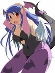  animal_print asymmetrical_wings bare_shoulders bat bat_print bat_wings blue_hair blush breasts cleavage cosplay curvy demon_girl dizzy elbow_gloves fang fingerless_gloves gloves guilty_gear head_wings large_breasts leotard long_hair mirano morrigan_aensland morrigan_aensland_(cosplay) pantyhose print_legwear red_eyes ribbon simple_background solo succubus tail tail_raised tail_ribbon thick_thighs thighs vampire_(game) wide_hips wings 