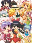  6+girls black_hair blonde_hair blue_eyes blue_hair boots bow breasts brown_hair chain china_dress chinese_clothes choker cirno cover cover_page dei_shirou detached_sleeves doujin_cover doujinshi dress fang flandre_scarlet flower grey_eyes grin hakurei_reimu harness hong_meiling houraisan_kaguya izayoi_sakuya kazami_yuuka kirisame_marisa koakuma maid_headdress medium_breasts multiple_girls purple_hair red_eyes red_hair remilia_scarlet school_swimsuit sideboob silver_hair small_breasts smile sunflower swimsuit touhou white_school_swimsuit white_swimsuit wrestling_outfit wrist_cuffs 