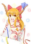  :d bad_id bad_pixiv_id barefoot box fang from_above hair_ribbon horn_ribbon horns ibuki_suika in_box in_container naked_ribbon navel nishiuri open_mouth orange_hair pointy_ears ribbon smile solo touhou 