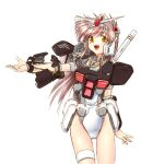  1girl :d ass_visible_through_thighs bangs grey_hair grey_leotard gundam gundam_msv hair_between_eyes hairband headgear highleg highleg_leotard leotard long_hair looking_at_viewer mecha_musume open_mouth outstretched_arm personification prototype_gundam shinjou_satomi sidelocks simple_background smile solo standing teeth thigh_strap two-tone_leotard upper_teeth_only v-fin white_hairband white_leotard yellow_eyes 