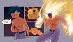  1boy absurdres ash_ketchum black_hair blue_eyes chainsaw_man commentary crossover electricity fantasy highres indoors inker_comics male_focus open_mouth pikachu pokemon pokemon_(creature) sequential short_hair solo symbol-only_commentary topless_male 