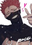  1boy black_clover black_mask blue_eyes eyebrow_piercing hair_strand highres looking_at_viewer male_focus mask mouth_mask open_mouth oss21 piercing red_hair sharp_teeth short_hair simple_background smile solo teeth white_background zora_ideale 