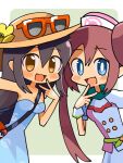  2girls :d bag bangs between_breasts blue_dress blue_eyes blush breasts bright_pupils brown_hair buttons commentary_request dress eyewear_on_headwear flower hand_up happy hat hat_flower kuwagata_zaurus long_hair multiple_girls official_alternate_costume open_mouth poke_ball_print pokemon pokemon_(game) pokemon_masters_ex pokemon_sm rosa_(pokemon) rosa_(special_costume)_(pokemon) shoulder_bag sightseer_(pokemon) smile strap_between_breasts sunglasses twintails v white_pupils wrist_cuffs yellow_flower 