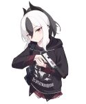  1girl absurdres backpack bag black_bag black_hair black_hoodie black_horns blue_archive closed_mouth cropped_torso demon_horns earclip gun h&amp;k_hk45 h&amp;k_p30 handgun highres holding holding_gun holding_weapon hood hood_down hoodie horns kayoko_(blue_archive) light_blush long_sleeves looking_at_viewer medium_hair multicolored_hair plaid plaid_skirt ponytail red_eyes simple_background skirt solo suppressor tianyu2944 trigger_discipline two-tone_hair upper_body weapon white_background white_hair 