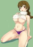  1girl areola_slip bangs breasts brown_eyes brown_hair cleavage clothes_lift feet green_background highres large_breasts legs long_hair looking_at_viewer mahouka_koukou_no_rettousei navel no_bra ono_haruka open_mouth panties purple_panties simple_background sitting sleeveless sleeveless_turtleneck solo sweater sweater_lift turtleneck turtleneck_sweater underboob underwear wariza wet wxp 