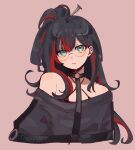  1girl absurdres artist_name bangs bare_shoulders black_choker black_hair choker closed_mouth glasses green_eyes highres long_hair looking_at_viewer mika_melatika multicolored_hair nail_hair_ornament nijisanji nijisanji_id o-ring o-ring_choker off_shoulder official_alternate_costume pink_background red_hair round_eyewear simple_background solo sweater taenyaki two-tone_hair virtual_youtuber 