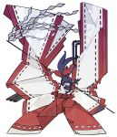  1girl abstract absurdres bow detached_sleeves floating_hair full_body gohei grey_eyes hair_bow hakama hakama_pants hakurei_reimu hakurei_reimu_(pc-98) harano_kaguyama highres holding holding_gohei industrial_pipe japanese_clothes legs_apart long_hair long_sleeves nontraditional_miko one_eye_closed pants ponytail purple_hair red_bow red_hakama red_pants ribbon-trimmed_pants ribbon-trimmed_sleeves ribbon_trim sidelocks simple_background solo standing touhou touhou_(pc-98) white_background white_sleeves wide_sleeves 