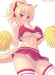  1girl animal_ears bangs bare_shoulders blonde_hair blush bow breasts cat_ears cat_girl cat_tail cheerleader commentary english_commentary hair_bow hair_ornament highres holding holding_pom_poms large_breasts long_hair looking_at_viewer navel nottytiffy open_mouth original panties patreon_username pom_pom_(cheerleading) ponytail red_bow red_eyes red_skirt simple_background skirt sleeveless smile solo stomach tail thighhighs thighs tiffy_(nottytiffy) underwear white_background white_thighhighs yellow_panties 
