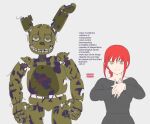  5_fingers absurd_res animatronic anthro chainsaw_man clothing comparing crossover damaged duo emmarrgus english_text exposed_endoskeleton female fingers five_nights_at_freddy&#039;s five_nights_at_freddy&#039;s_3 green_body grey_background grey_clothing grey_shirt grey_topwear guts hi_res human lagomorph leporid light_body light_skin machine makima_(chainsaw_man) male mammal organs rabbit red_body robot scottgames shirt simple_background springtrap_(fnaf) teeth text topwear undead william_afton_(fnaf) yellow_eyes 