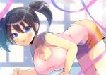  1girl :p bangs bare_arms bare_shoulders black_hair blue_eyes blue_ribbon blurry blurry_background breasts cleavage closed_mouth commentary_request commission depth_of_field hair_between_eyes kou_hiyoyo large_breasts orange_skirt original pink_ribbon pink_tank_top ribbon skeb_commission skirt smile solo tank_top tongue tongue_out twintails 