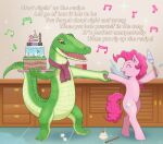  2023 anthro cake crocodile crocodilian crocodylid cutie_mark dessert duo equid equine eye_contact eyes_closed fangs female food friendship_is_magic fur green_body green_scales half-closed_eyes hand_holding hasbro hi_res holding_cake holding_food holding_object holding_plate horse looking_at_another lyle_(lyle_lyle_crocodile) lyle_lyle_crocodile male mammal mostly_nude musical_note my_little_pony narrowed_eyes nude on_hind_legs open_mouth pink_body pinkie_pie_(mlp) pony raised_tail reptile scales scalie scarf scarf_only singing standing tail teeth tongue vavacung 
