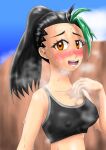  1girl black_hair black_sports_bra blue_sky blurry blurry_background blush breasts check_commentary cleavage cloud collar_tug collarbone commentary commentary_request covered_nipples eyelashes highres hot looking_at_viewer medium_breasts midriff multicolored_hair nemona_(pokemon) open_mouth orange_eyes outdoors pokemon pokemon_(game) pokemon_sv ponytail saki_(evjg8755) short_sleeves sky sports_bra steam steaming_body streaked_hair sweat sweating_profusely teeth upper_body 