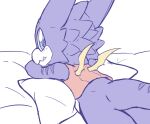  a_midnight_cat anthro bandai_namco bed blue_eyes blush butt digimon digimon_(species) dragon furniture gumdramon hi_res looking_at_viewer looking_back male on_bed purple_body scar solo wings 