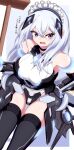  1girl absurdres annoyed black_gloves black_thighhighs blue_eyes breasts den_noko elbow_gloves gloves grey_hair hand_on_hip headgear highres leaning_forward leotard long_hair looking_at_viewer maid_headdress open_mouth original solo thigh_gap thighhighs thighs white_leotard 