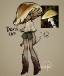  1girl blouse boots character_name closed_mouth commentary english_commentary english_text facing_viewer feefal full_body gradient_hat green_shorts hair_over_one_eye hat_over_one_eye high_heel_boots high_heels holding holding_knife kitchen_knife knife long_legs mushroom mushroom_girl mushroom_hat one_eye_covered original paper_background personification photo_inset reference_inset reverse_grip shirt short_shorts shorts signature sinister skull smile standing 