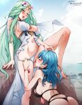  2girls ass bangs bikini black_bikini blue_hair blush breasts byleth_(female)_(fire_emblem) byleth_(female)_(summer)_(fire_emblem) byleth_(fire_emblem) cleavage cunnilingus fire_emblem fire_emblem:_three_houses fire_emblem_heroes flower green_eyes green_hair hair_flower hair_ornament large_breasts long_hair mina_cream multiple_girls navel nipples official_alternate_costume open_mouth oral pussy rhea_(fire_emblem) rhea_(summer)_(fire_emblem) swimsuit thong thong_bikini tongue white_bikini yuri 