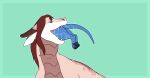  ambiguous_gender animated black_pawpads blue_body blue_eyes blue_tail brown_body brown_hair brown_horn brown_scales dragon duo fangs feral glistening glistening_eyes green_background hair horn oral_vore pawpads red_tongue roobin scales simple_background tail tan_body teeth tongue vore 