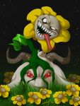  2016 anthro asriel_dreemurr_(god_form) bovid caprine creepy duo elemental_creature emerging evil_grin fangs flora_fauna flowey_the_flower fur goat grass hi_res horn ladyfiszi looking_at_viewer male mammal open_mouth plant pupils red_eyes signature smile teeth tongue tongue_out undertale undertale_(series) white_pupils 