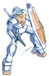  assault_visor full_body gm_(mobile_suit) gundam highres holding holding_shield looking_up mecha mobile_suit mobile_suit_gundam no_humans redesign robot shield sketch solo white_background yonemura_kouichirou 