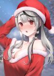  1girl absurdres ao_miya bangs black_hair blurry blurry_background blush braid breasts breath christmas dress french_braid fur-trimmed_dress fur-trimmed_headwear fur_trim grey_hair hair_ornament hand_on_headwear hat highres hololive large_breasts long_hair long_sleeves looking_at_viewer multicolored_hair night no_bra nose_blush off-shoulder_dress off_shoulder open_mouth outdoors red_eyes red_headwear sakamata_chloe santa_costume santa_hat snow solo streaked_hair virtual_youtuber winter x_hair_ornament 
