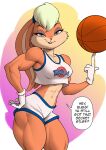  2023 abs anthro ball basketball_(ball) bottomwear breasts clothing deltoids female gloves handwear lagomorph leporid lola_bunny looney_tunes mammal midriff muscular muscular_female pokkuti quads rabbit shorts solo warner_brothers 