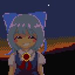  1girl aqua_hair blue_bow blue_dress blush_stickers bow breasts cirno closed_eyes dress facing_viewer flower hair_bow happy james_at_pi_(fuwafuwacatgirl) lowres medium_hair open_mouth outdoors pinafore_dress pixel_art puffy_short_sleeves puffy_sleeves shirt short_sleeves small_breasts smile solo sunflower tanned_cirno teeth touhou upper_body white_shirt 