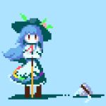  1girl apron black_headwear blue_background blue_hair boots brown_footwear full_body hair_ornament hat hinanawi_tenshi james_at_pi_(fuwafuwacatgirl) leaf_hair_ornament long_hair looking_at_viewer peach_hat_ornament pixel_art rainbow_order red_eyes rope shide shimenawa short_sleeves simple_background skirt solid_oval_eyes solo standing sword_of_hisou touhou waist_apron 