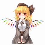  1girl alternate_breast_size alternate_costume black_ribbon blonde_hair blush breasts brown_headwear brown_skirt cardigan center_frills closed_mouth collared_shirt contemporary crystal flandre_scarlet frills grey_cardigan hair_between_eyes highres holding long_hair long_sleeves looking_at_viewer marukyuu_ameya medium_breasts multicolored_wings neck_ribbon one_side_up red_eyes ribbon shirt simple_background skirt solo touhou white_background white_shirt wings 