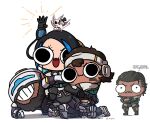  1boy 3girls animal_on_head annoyed apex_legends assault_visor bat_(animal) beard black_bodysuit black_eyes black_footwear black_headwear black_jacket blue_jacket bodysuit boots brown_pants cartoonized catalyst_(apex_legends) chibi crossed_arms dark-skinned_female dark-skinned_male dark_skin echo_(apex_legends) english_commentary english_text facial_hair gundam gundam_narrative hat hat_removed headgear headwear_removed helmet highres holding holding_clothes holding_hat jacket mad_maggie_(apex_legends) miyan_(oceanmaiden) multiple_girls narrative_formation newcastle_(apex_legends) on_head pants parody sharp_teeth smile teeth toon_(style) top_hat v-shaped_eyebrows vantage_(apex_legends) 