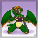  2019 anthro avian avian_wings beak bird breasts clothing digital_media_(artwork) drxii feathers female hi_res multicolored_body multicolored_feathers nipples non-mammal_breasts open_mouth simple_background smile solo torn_clothing wings 