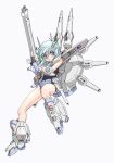  1girl aqua_hair bangs beam_rifle blue_one-piece_swimsuit closed_mouth energy_gun frown full_body gun gundam gundam_seed gundam_seed_destiny hair_between_eyes headgear holding holding_gun holding_weapon legend_gundam mecha_musume medium_hair one-piece_swimsuit personification purple_eyes school_swimsuit shinjou_satomi simple_background solo split_mouth swimsuit weapon white_background 