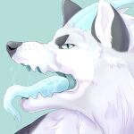  1:1 ambiguous_gender blue_background blue_eyes blue_tongue bodily_fluids canid drooling feral forked_tongue fur glistening glistening_eyes grey_body grey_ears grey_fur grey_nose grey_sclera mammal roobin saliva saliva_string simple_background solo tongue tongue_out white_body white_fur 