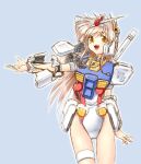  1girl :d ass_visible_through_thighs bangs gundam hair_between_eyes hairband headgear highleg highleg_leotard leotard light_brown_hair long_hair looking_at_viewer mecha_musume mobile_suit_gundam open_mouth outstretched_arm personification red_leotard rx-78-2 shinjou_satomi sidelocks simple_background smile solo standing teeth thigh_strap two-tone_leotard upper_teeth_only v-fin white_hairband white_leotard yellow_eyes 