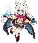  1girl 7th_dragon_(series) 7th_dragon_2020-ii :o animal_ear_fluff animal_ears black_cape black_footwear black_shirt black_skirt blue_bow blue_eyes blush boots bow brown_jacket cape chibi chitrine_(7th_dragon) collared_shirt commentary_request crystal full_body grey_hair hair_bow highres ice jacket long_hair long_sleeves looking_at_viewer lucier_(7th_dragon) naga_u parted_lips pleated_skirt puffy_long_sleeves puffy_sleeves shirt short_eyebrows simple_background skirt solo striped striped_bow thick_eyebrows very_long_hair white_background 