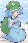  1girl bangs blue_eyes blue_footwear blue_hair blue_shirt blue_skirt blush boots breasts collared_shirt commentary_request dated expressionless flat_cap full_body grass green_bag green_headwear hair_bobbles hair_ornament hat highres jewelry kawashiro_nitori kei_jiei key_necklace long_sleeves looking_at_viewer necklace one-hour_drawing_challenge open_mouth pocket rubber_boots shirt short_hair sitting skirt skirt_set small_breasts solo touhou two_side_up wariza 