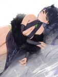  1girl animal_ears black_dress black_hair blue_archive breasts bridal_gauntlets china_dress chinese_clothes cleavage dress dutch_angle elbow_gloves feather_boa gloves hidulume highres large_breasts looking_at_viewer lying on_side parted_lips shun_(blue_archive) sleeveless sleeveless_dress solo tiger_ears water 