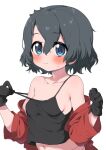  1girl bangs bare_shoulders black_gloves black_hair blue_eyes blush breasts collarbone gloves hair_between_eyes highres kaban_(kemono_friends) kemono_friends navel no_headwear petite ransusan red_shirt shirt short_hair small_breasts solo undressing 