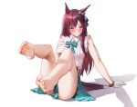  1girl absurdres animal_ears bare_arms bare_legs barefoot feet feet_up foot_focus gloves green_skirt highres horse_ears horse_girl horse_tail legs long_hair mejiro_dober_(umamusume) nail_polish necktie purple_eyes red_eyes risa_(pixiv23908854) skirt soles spread_toes tail toe_scrunch toenail_polish toenails toes umamusume very_long_hair white_background white_gloves 