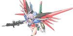  1girl bangs beam_cannon beam_rifle blue_eyes breasts destiny_gundam energy_gun gun gundam gundam_seed gundam_seed_destiny hair_between_eyes headgear holding holding_gun holding_weapon leg_up leotard light_purple_hair long_hair mecha_musume mechanical_wings open_mouth personification red_leotard shinjou_satomi sidelocks simple_background small_breasts solo sword trigger_discipline weapon white_background wings 