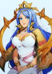  1girl blue_eyes blue_hair bracelet breasts bridal_veil cleavage crown diadem dress eightyfourart fire_emblem fire_emblem_engage fire_emblem_heroes flower hands_on_lap headdress highres jewelry large_breasts light_smile long_hair looking_at_viewer lumera_(fire_emblem) nintendo pale_skin shawl simple_background sitting smile veil very_long_hair white_background white_dress wrist_cuffs 