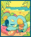  beach bush chocodiley closed_eyes day flower flower_necklace komala lei no_humans outdoors pokemon pokemon_(creature) pokemon_(game) pokemon_sm sand seashell shell sleeping yellow_sky 