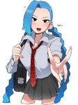  1girl bag bangs blue_hair braid earrings hoop_earrings jewelry jinx_(league_of_legends) league_of_legends long_hair looking_at_viewer ohasi pleated_skirt poro_(league_of_legends) school_bag school_uniform shirt simple_background skirt smile solo twin_braids v white_background 