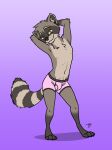  2020 amber_eyes anthro biped boxer_briefs brown_body brown_fur bulge clothed clothing digital_media_(artwork) digitigrade eyebrows fur gradient_background hands_behind_head looking_at_viewer male mammal markings navel pink_clothing pink_underwear pinup pose procyonid raccoon ring_(marking) ringtail simple_background smile solo tail tail_markings tan_body tan_fur trowzer_(character) trowzerbrowzer underwear underwear_only 
