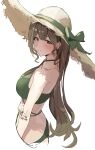  1girl absurdres alternate_hairstyle bikini blush breasts brown_hair cropped_legs green_bikini hat highres holding_own_arm idolmaster idolmaster_shiny_colors kuwayama_chiyuki large_breasts looking_at_viewer looking_to_the_side simple_background solo straw_hat swimsuit uouokuma white_background 