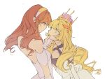  2girls bangs bare_shoulders blonde_hair butterfly_hair_ornament celica_(fire_emblem) celine_(fire_emblem) crown dress finger_to_another&#039;s_mouth fingerless_gloves fire_emblem fire_emblem_echoes:_shadows_of_valentia fire_emblem_engage gloves green_eyes hair_ornament hairband long_hair looking_at_another multiple_girls orange_hair pink_eyes ramblingrhubarb very_long_hair white_background white_gloves yuri 