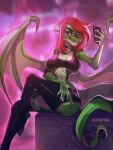  2023 5_fingers anthro breasts clothed clothing collar digital_media_(artwork) dragon eyebrows eyelashes female fingers hair hi_res looking_at_viewer membrane_(anatomy) membranous_wings non-mammal_breasts nude red_hair smile tltechelon wings 