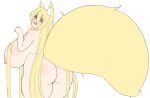 1girl animal_ear_fluff animal_ears ass blonde_hair blush breasts completely_nude flat_color fox_ears fox_girl fox_tail huge_breasts kurotsuki_futon large_tail long_hair looking_back nipples nude original plump red_eyes simple_background solo sweatdrop tail thick_thighs thighs very_long_hair white_background 