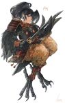  1girl abuku animal_feet armor artist_name baggy_pants bird_legs bird_tail bird_wings black_hair black_tail black_wings borrowed_character claws closed_mouth feathered_wings floating full_body hair_over_one_eye harpy holding holding_sword holding_weapon japanese_armor katana light_smile long_hair looking_at_viewer monster_girl original pants pointy_ears ponytail red_eyes shoulder_armor sidelocks signature simple_background sleeveless sode solo sword tail talons weapon white_background winged_arms wings yellow_pants 